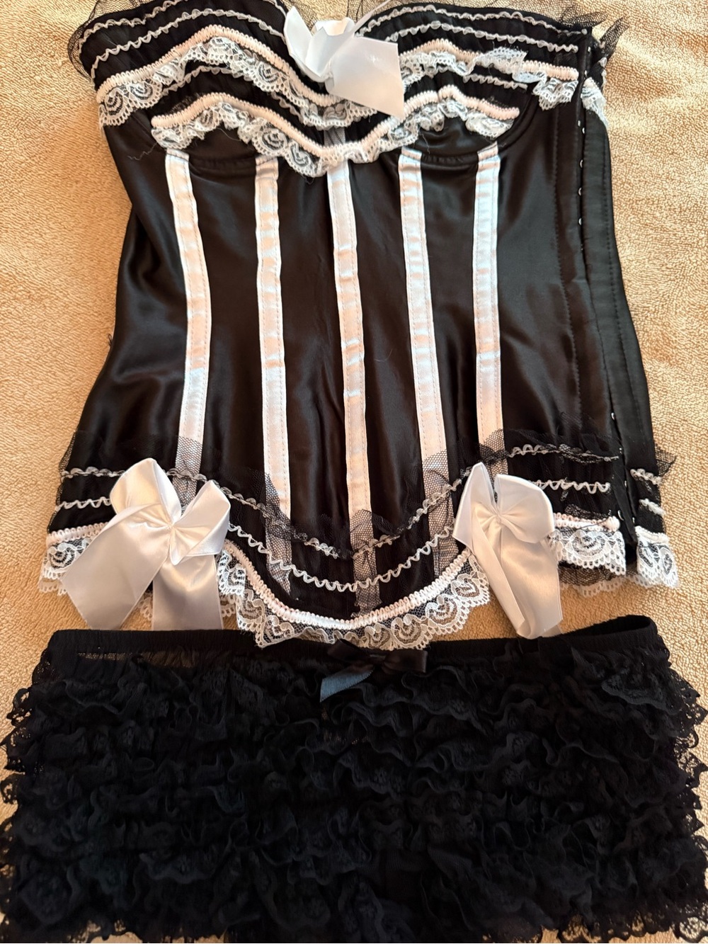 Black & White Lace Trim Bustier Set - Women's Intimates corset & ruffled panty